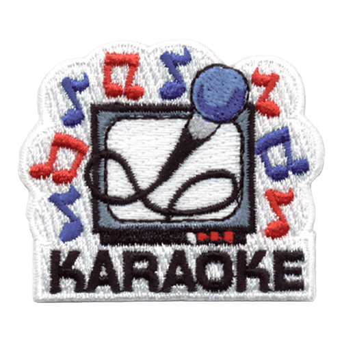 A TV is surrounded by blue and red musical notes. A microphone is connected to the TV and presented towards the viewer. The word ''Karaoke'' is written underneath the TV.