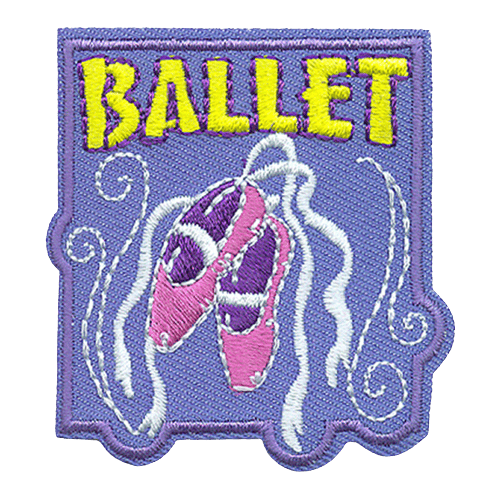 Two pink ballet shoes sit underneath the word BALLET in bold yellow text.