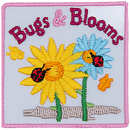 A yellow and blue flower has a ladybug on them. The words Bugs & Blooms are across the top. Two yellow butterflies are to the side.
