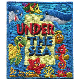The words Under The Sea are surrounded by smiling sea creatures such as a turtle, a seahorse, two dolphins, a fish and a starfish on an ocean background.