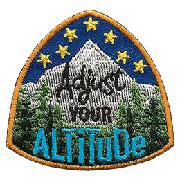 Stars sit above a mountain peak and forest. The text Adjust Your Altitude is in the center of the crest.