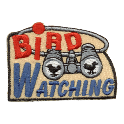 Bird Watching is printed above and below a pair of silver binoculars. There are two shadows of birds in the lenses.