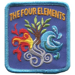 The Four Elements is written above a cross made from fire, air, water and a tree.