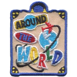 This travel bag patch has ''Around The World'' written on the luggage in a sticker like design. An airplane flies around a globe on the suitcases front face.