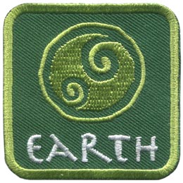 This green patch is decorated with a swirling symbol of a round earth. The word ''Earth'' is embroidered in white text near the base of the patch.