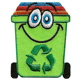 A cute green recycle bin with kooky eyes.