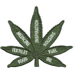 A hemp leaf is inscribed with the words: Food, Textiles, Medicine, Inspiration, Housing, Fuel, Oil.