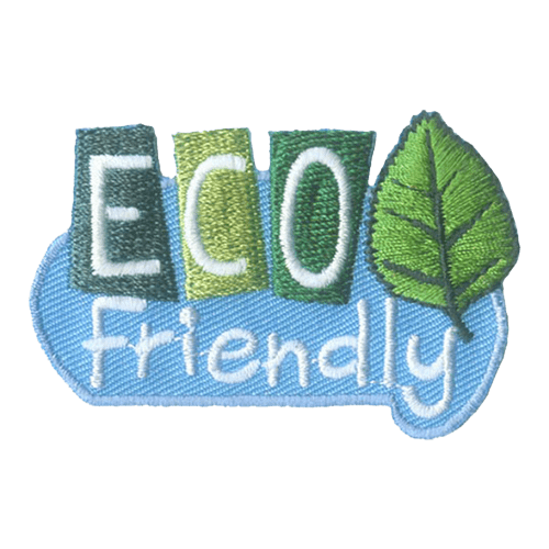 ECO Friendly is stitched next to a green leaf. ECO is stitched inside of three green rectangles of different shades.