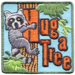 Hug, Tree, Hug A Tree, Raccoon, Safe, Lost, Wood, Forest, Patch, Embroidered Patch, Merit Badge, Badge, Emblem, Iron On, Iron-On, Crest, Lapel Pin, Insignia, Girl Scouts, Boy Scouts, Girl Guides