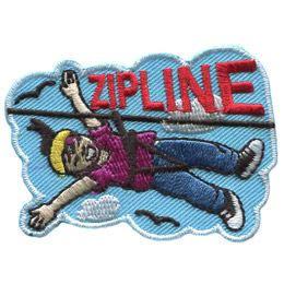 A young woman has her arms spread wide as she speeds down on a zipline. Clouds and birds can be seen in the background and the word 'Zipline' rests above the zipline rope itself.