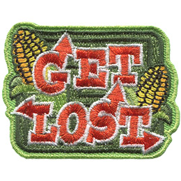 The words 'Get Lost' have arrows pointing off them towards every which way. Two half husked corns decorate the green background.