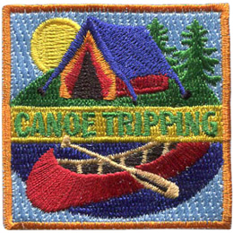 A canoe sits parked on a grassy island consisting of a few pine trees and a large tent. The words \'Canoe Tripping\' are on a yellow banner separating the canoe from the tent.