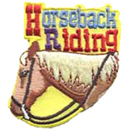 The words Horseback Riding on a light yellow background with a horse wearing reins below.