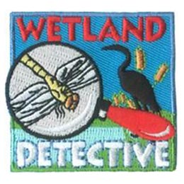 Wetland Detective, Wetland, Detective, Crane, Dragonfly, Pond, Patch, Embroidered Patch, Merit Badge, Badge, Emblem, Iron On, Iron-On, Crest, Lapel Pin, Insignia, Girl Scouts, Boy Scouts, Girl Guides
