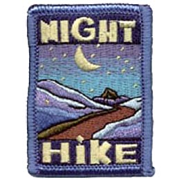 This rectangular patch has the word ''Night'' written at the top and ''Hike'' at the bottom. In the middle rests a mountain trail landscape that sits under a crescent moon surrounded by stars.