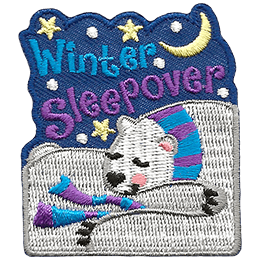 A polar bear snuggles up tight as it sleeps peacefully under the winter night sky. The words Winter Sleepover are stitched above them.