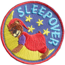 A teddy bear in red pyjamas sleeps on a crescent moon under the word Sleepover.