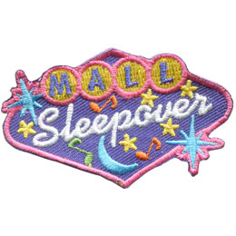The words Mall Sleepover are on a patch made to look like a retro sign.