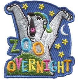 A polar bear, wearing a night cap and tucked into bed, stretches his arms above his head and gives a big yawn as he gets ready for bed. Stars and a moon show in the background and the text 'Zoo Overnight' rests at the bottom of the patch.