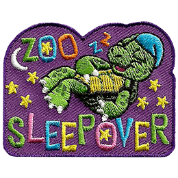 A turtle in his little nightcap sleeps soundly under the stars and the moon - the words Zoo Sleepover are embroidered in various pastel colours.