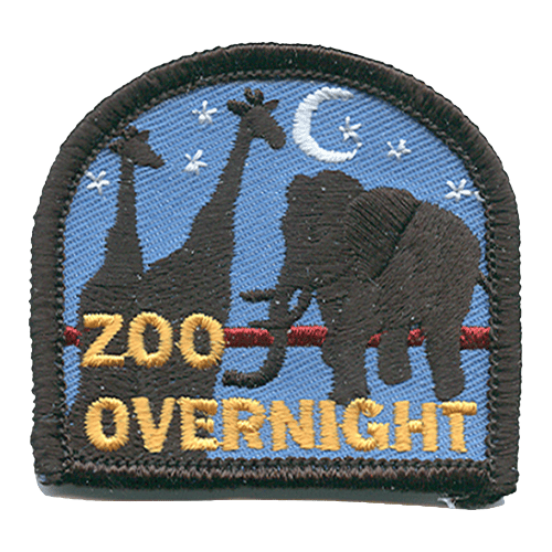The words Zoo Overnight are stitched in yellow over top two silhouettes of giraffes. An elephant silhouette is in the background.