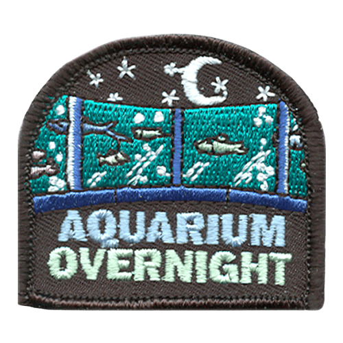 The words Aquarium Overnight are underneath an aquarium of fish. The patch is black, and stars decorate the top.