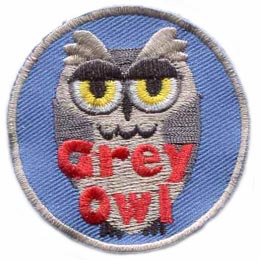 Grey, Owl, Grey Owl, Hoot, Set, Patch, Embroidered Patch, Merit Badge, Badge, Emblem, Iron On, Iron-On, Crest, Lapel Pin, Insignia, Girl Scouts, Boy Scouts, Girl Guides