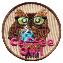 A brown, bespectacled owl holds a blue mug filled with steaming-hot coffee. The words 'Coffee Owl' are embroidered in pink thread at the bottom of the patch.