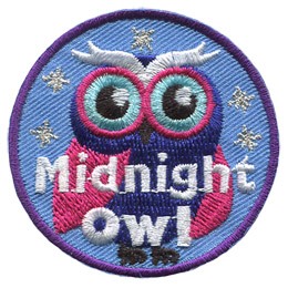 This dark purple and pink owl stands against a background of the blue night sky with golden metallic stars.