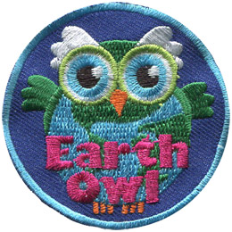 A green and blue owl stares straight ahead. The owl's round body forms a globe of Earth. The words 'Earth Owl' are embroidered in pink at the bottom of the patch.