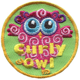 This pink owl has curls all over her body. The words 'Curly Owl' are embroidered in yellow near the bottom of the patch.