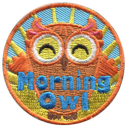 This happy owl has its arms reaching up to embrace the sunlight from the rising sun behind it. Near the bottom of the patch is the text 'Morning Owl.'