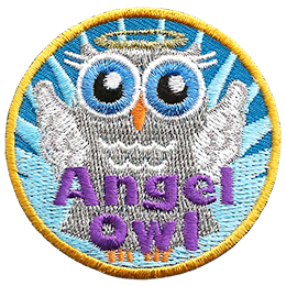 A grey owl has its wings back like an angel. A halo is over its head. The words Angel Owl are across its torso.