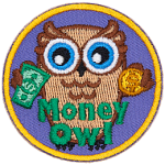 A brown owl holds paper money and a coin.