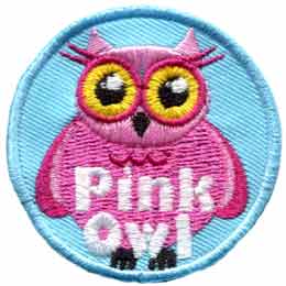 A pink owl with yellow eyes. The words Pink Owl are at the bottom.