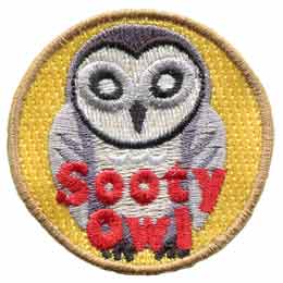 A grey owl on a yellow background. The words Sooty Owl are at the bottom.