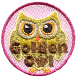 A gold owl with gold eyes. The words Golden Owl are stitched across the bottom half of the patch.