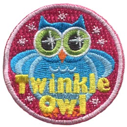 A chubby blue owl with sparkling eyes surrounded by sparkles. The words Twinkle Owl are across the bottom.