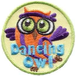 A purple and orange owl with a sweatband. The words Dancing Owl are across the bottom.