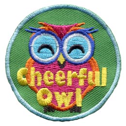 A smiling pink and orange owl with the words Cheerful Owl at the bottom.