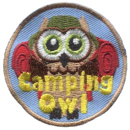 A brown owl with a red sleeping bag and a green bucket hat. The words Camping Owl are across the bottom.