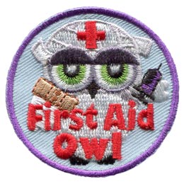 First, Aid, Bandage, Needle, Nurse, Owl, Leader, Who, Hoot, Patch, Embroidered Patch, Merit Badge, Badge, Emblem, Iron-On, Iron On, Crest, Lapel Pin, Insignia, Girl Scouts, Boy Scouts, Girl Guides