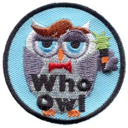 A suave owl is looking good with his slicked brown hair, red bow-tie, and magical screwdriver. The words Who Owl are embroidered in black.