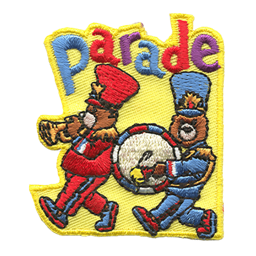 Two bears in red and blue marching band uniforms play a trumpet and drum. Parade is stitched above in multicolour thread.