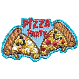 Two slices of pizza with smiling faces face each other. One has mushrooms on it, and the other has pepperoni. The words Pizza Party are between them.