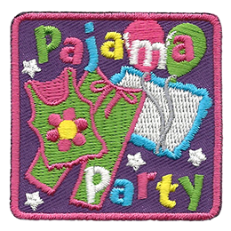 Green pajamas and a white blanket with two balloons above it. The words Pajama Party are on the top and bottom of the patch.