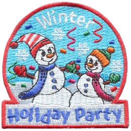Two smiling snowpeople with scarfs, mittens and hats are in a snowglobe-shaped patch. The words Winter Holiday Party are above and below them.