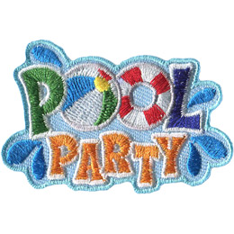 This patch displays the words 'Pool Party.' The first 'O' in 'Pool' is a beach ball and the second 'O' is a life preserver ring. Splash droplets spray off the words.