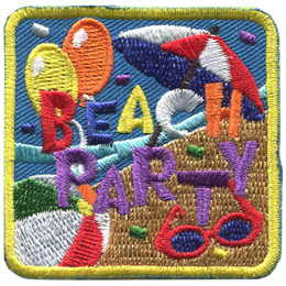 This square patch showcases a beach party. The background is half water and half beach, split diagonally from the top right corner down to the bottom left, with the sandy beach on the right of the split. On the beach is a beach umbrella, sun glasses and a beach ball. Over the ocean are two balloons. Confetti is scattered around the badge. Right in the center are the words 'Beach Party.'