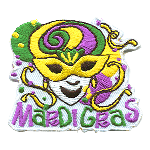 The text Mardi Gras is stitched below a colourful purple, yellow and green mask. Confetti is scattered across the patch.